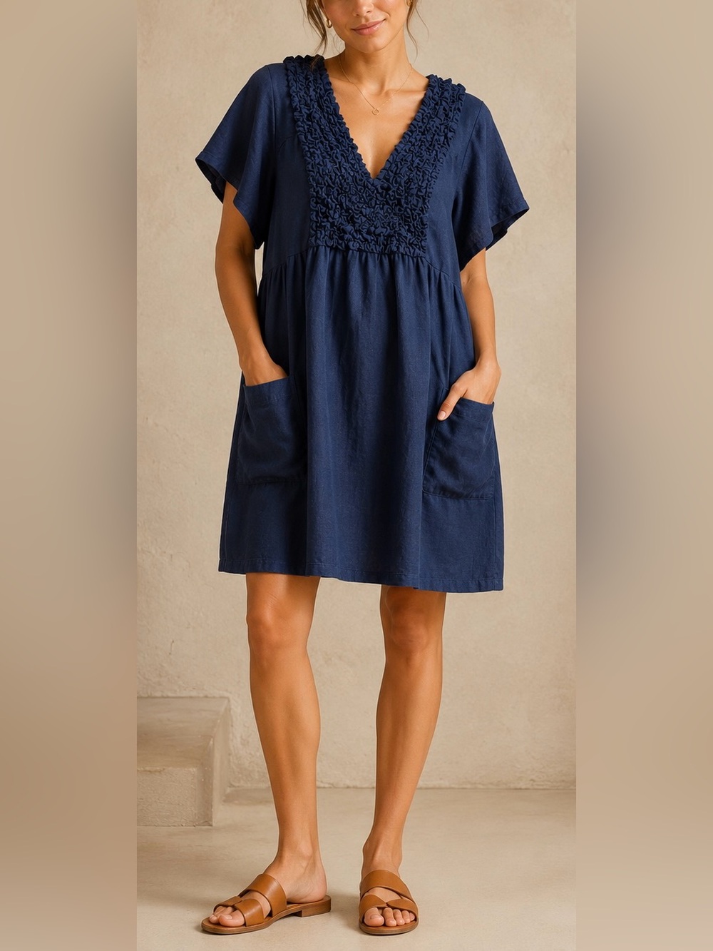 Claude Tulum 100% Linen Navy Ruffle Pocket Mini Dress One Size - Picture 2 of 16